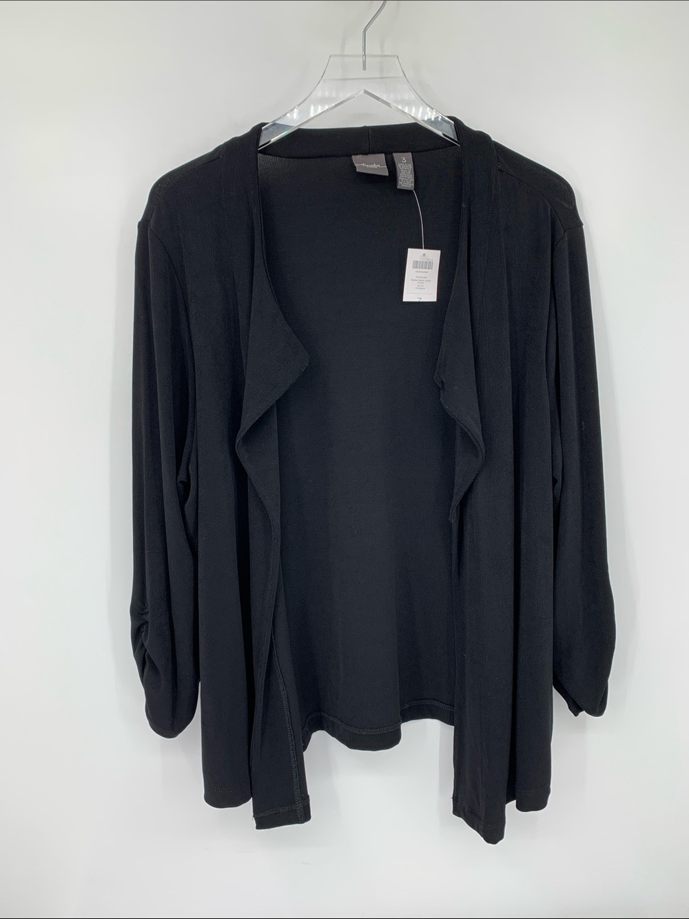 Chicos Travelers ruched sleeve open front jacket cardigan jersey black new 3 XL